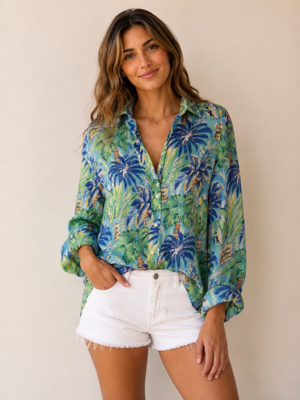 McLaughlin 100% Linen Tropical Palm Print Button Down Shirt Small